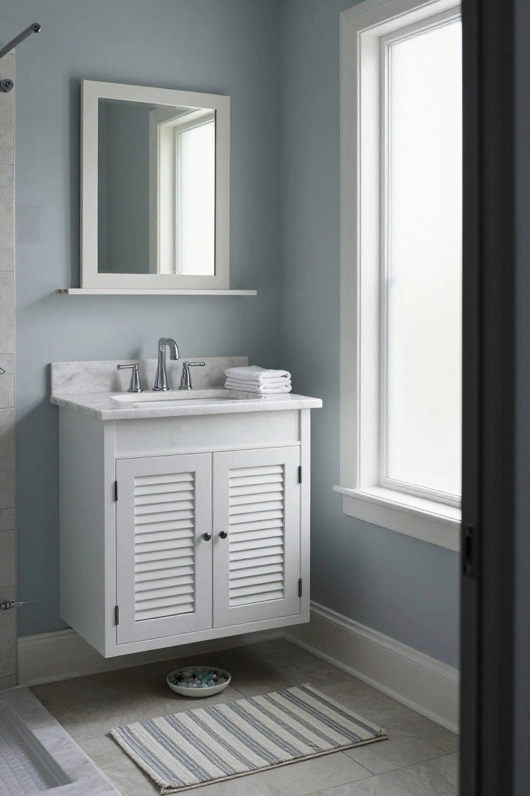 Pale blue-gray walls in a bathroom with white shutter-front vanity and marble sink.