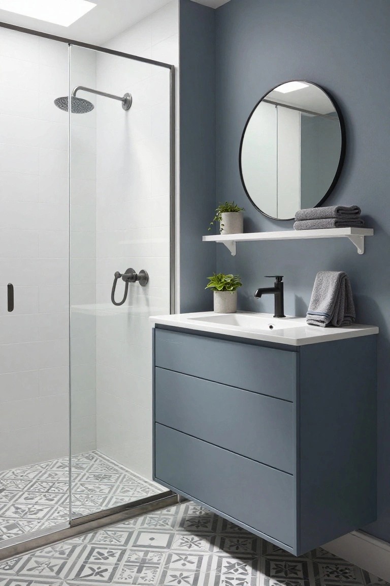 Bathroom with soft blue-gray walls and matching vanity next to a white-tiled shower