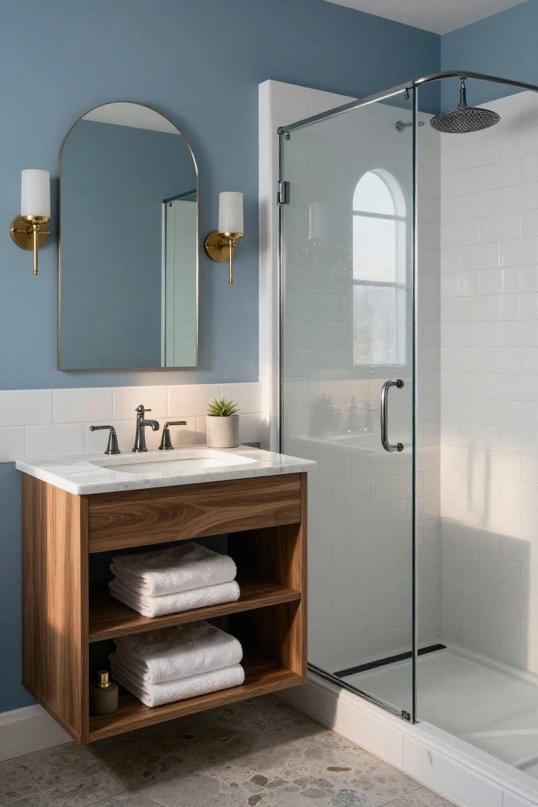 Bathroom with soft blue walls, wood vanity, and glass shower enclosure