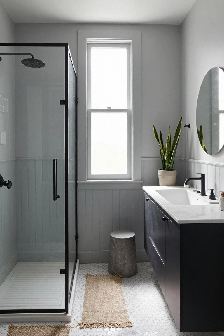 Pale gray walls in a compact bathroom with black shower door, vanity, and fixtures.