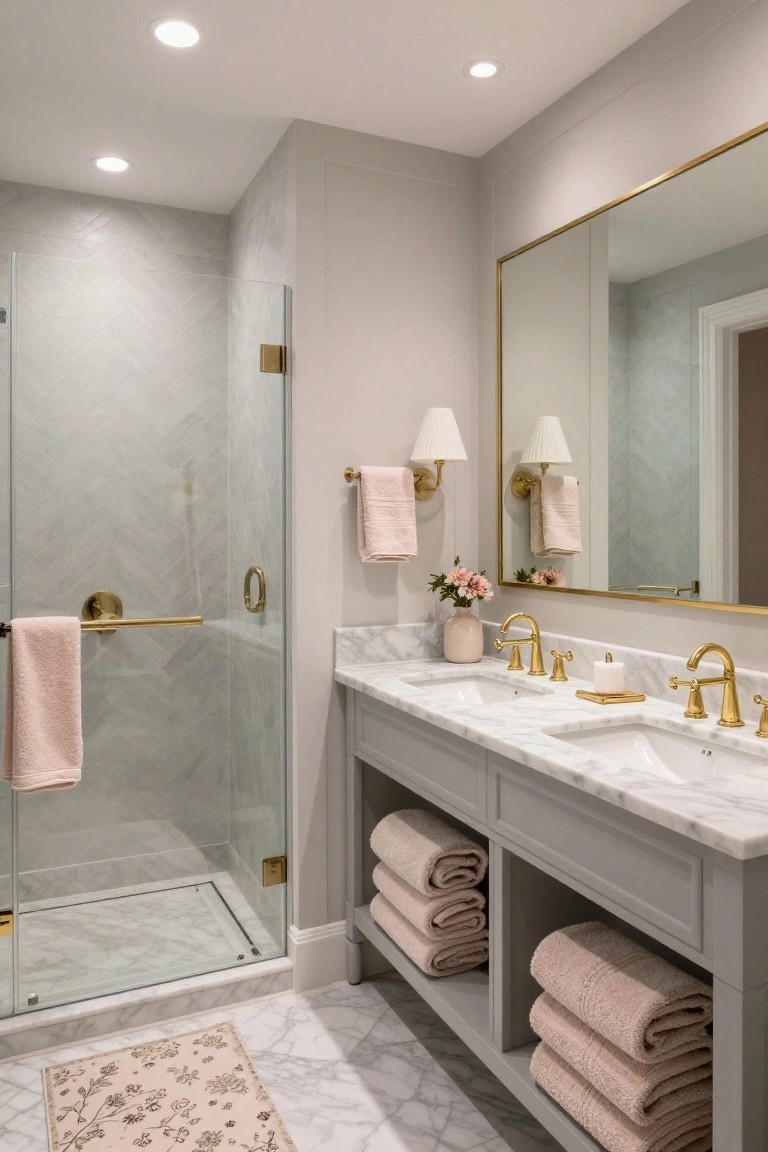 Bathroom featuring soft greige walls next to a marble vanity and glass shower