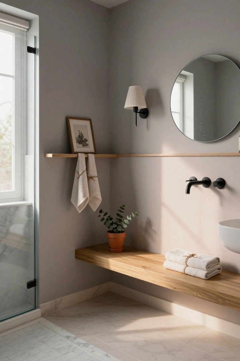 Bathroom featuring soft greige walls with wood shelves and a round mirror.