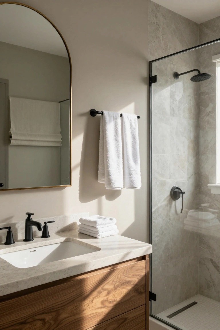 Bathroom walls in soft greige with wood vanity and glass shower enclosure.