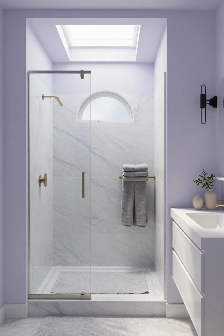Pale lavender walls in a bathroom with white marble shower and brass fixtures.