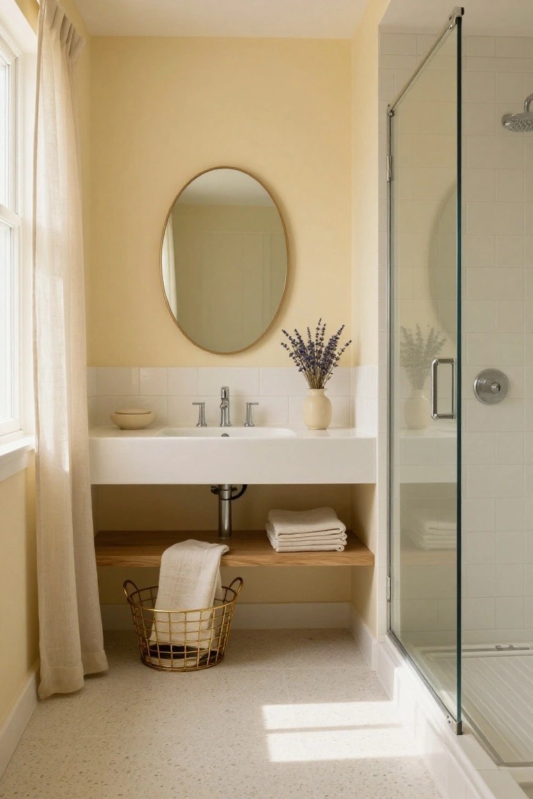 Pale yellow walls in a light bathroom with white vanity, round mirror, and glass shower.
