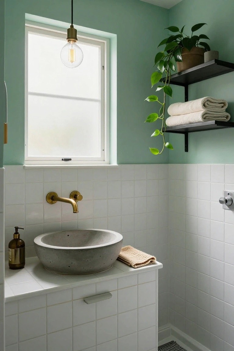 Bathroom featuring pale sage green upper walls above white tiled vanity area