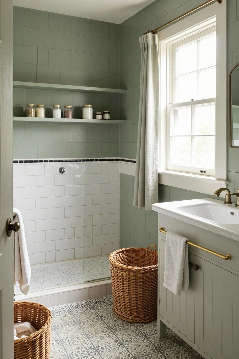 Bathroom corner with soft sage green walls, white tiled shower, and sage vanity.