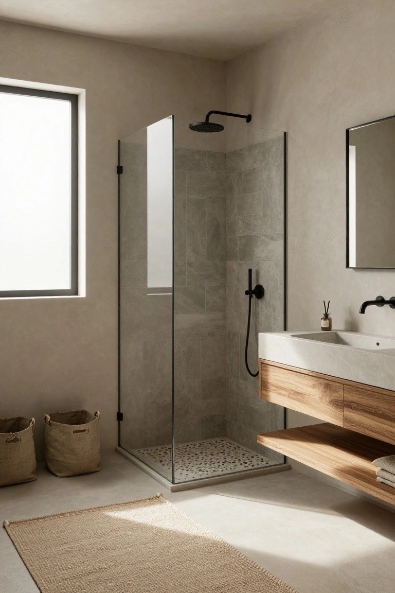 Light beige walls in a modern bathroom with wood vanity and glass shower