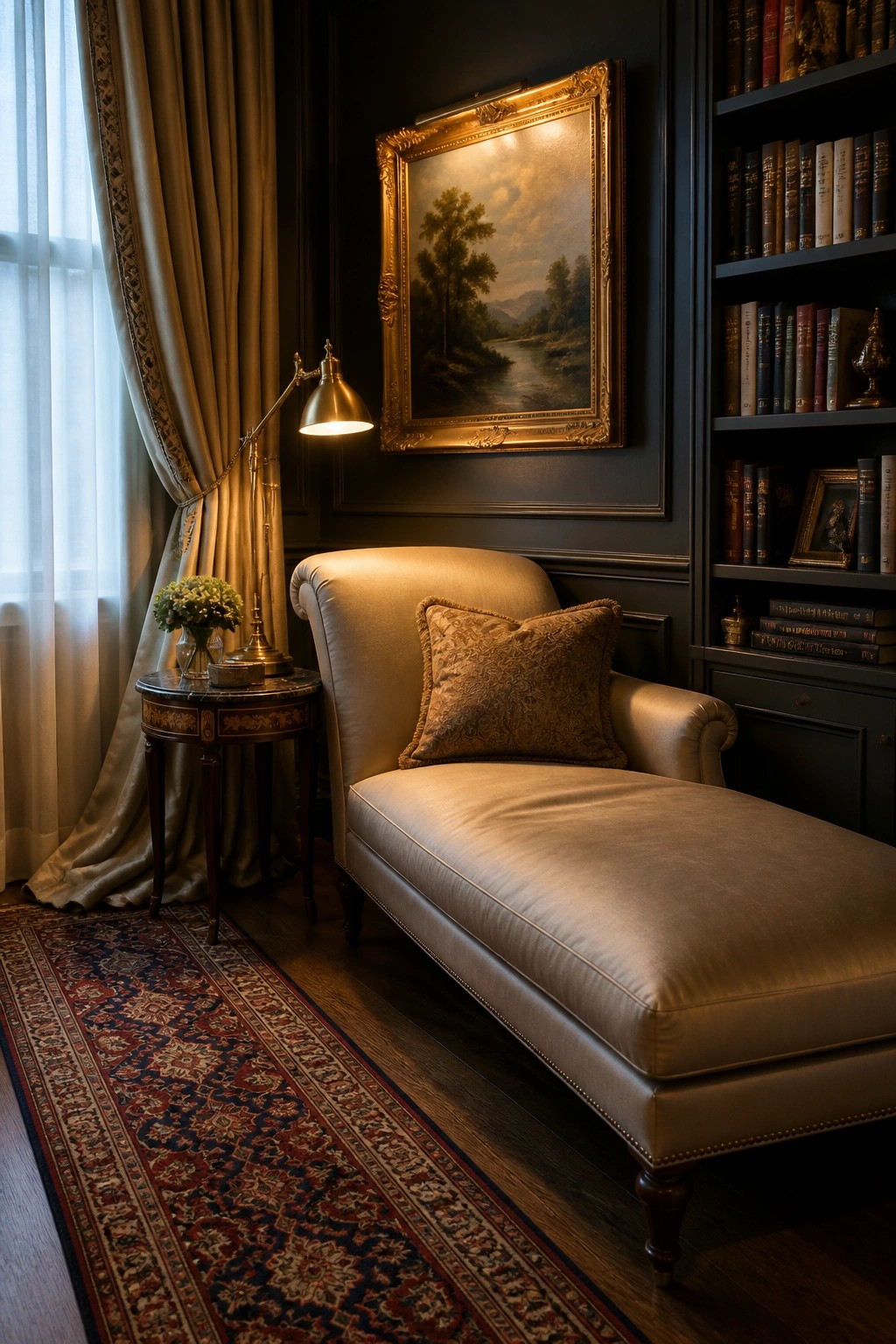 A beige chaise lounge with a brown patterned pillow sits against a dark wall in a room with built-in bookshelves, a framed landscape painting, and a small marble-topped side table.