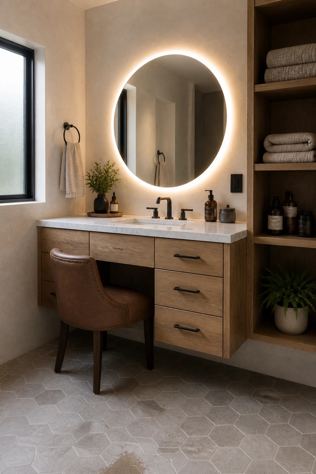 A bathroom vanity area featuring a round illuminated mirror above a floating wood vanity with a brown leather accent chair tucked underneath.