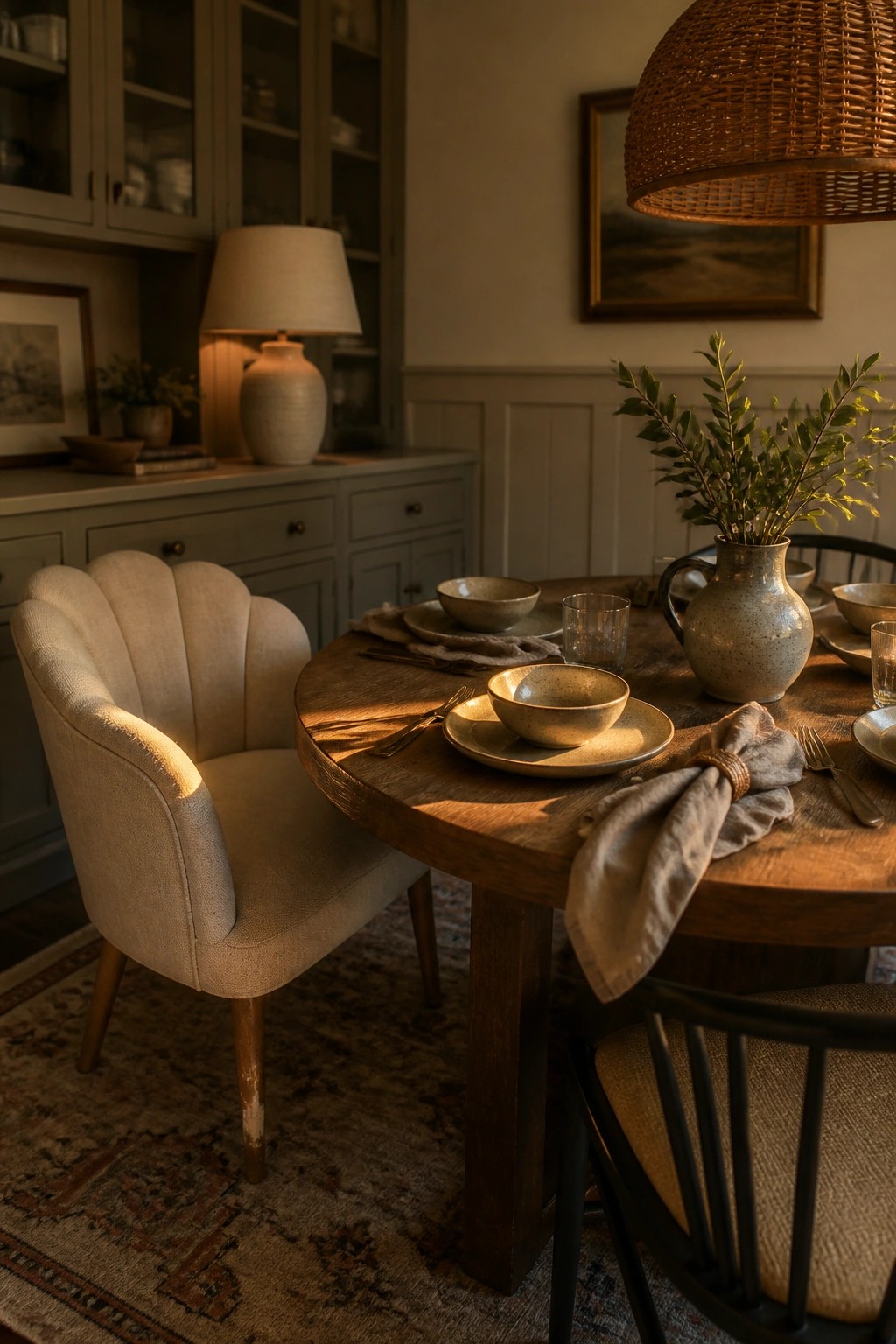 A light beige scalloped accent chair sits at a round wooden dining table set with ceramic bowls, plates, and a vase of greenery in a softly lit room.