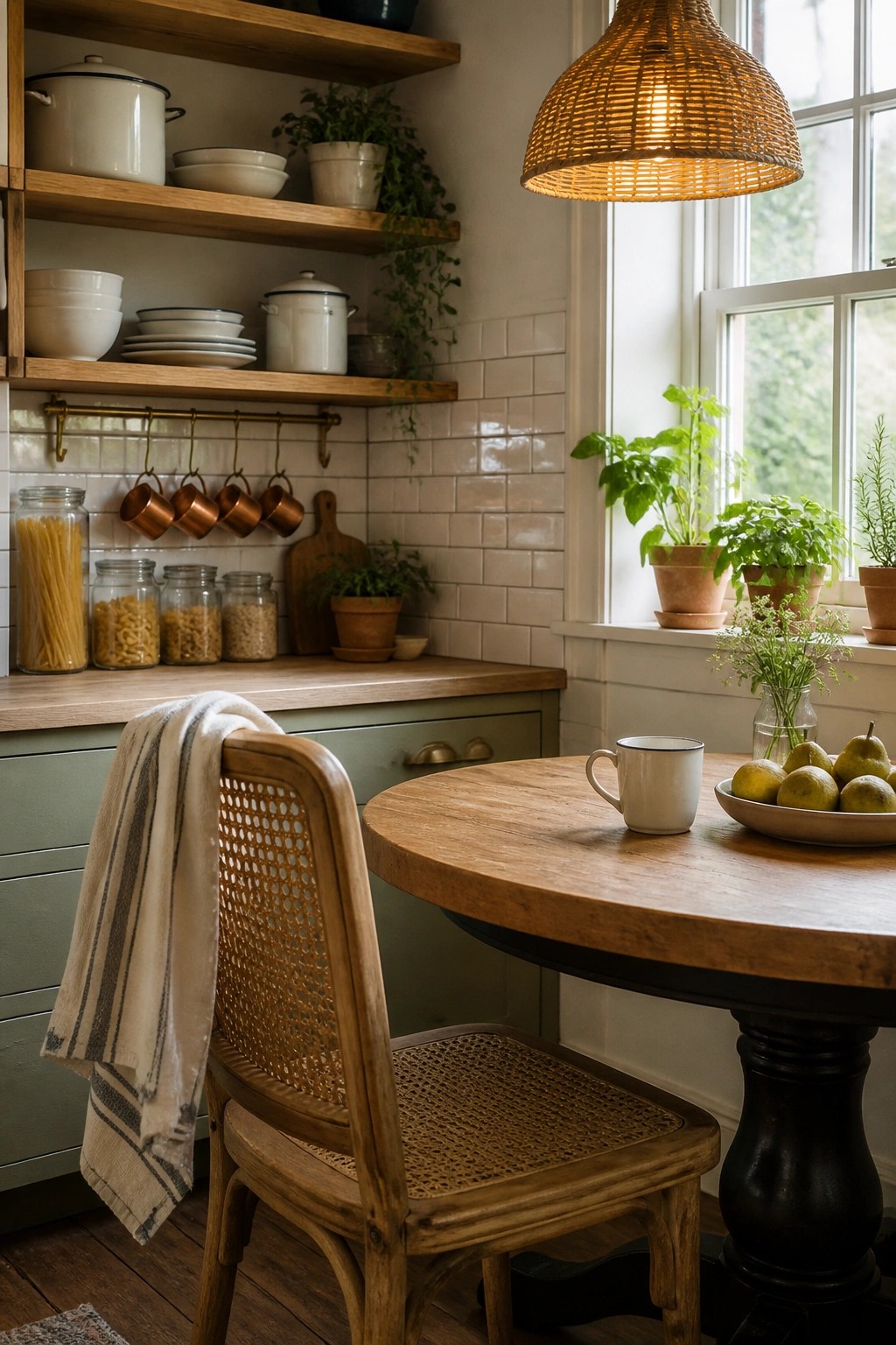 A wooden chair with a woven cane back and seat is pulled up to a round wooden table in a kitchen with open wood shelves, green cabinets, and a window.
