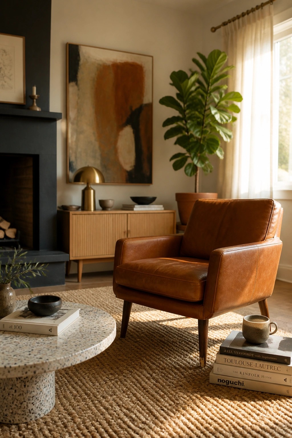 A brown leather accent chair sits on a woven rug next to a round terrazzo coffee table in a living room with abstract art and a wooden sideboard.