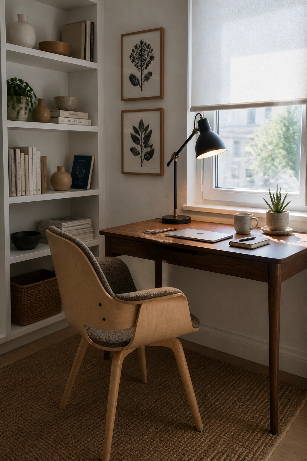 A light wood accent chair with gray upholstery sits at a wooden desk in front of white bookshelves and a window.