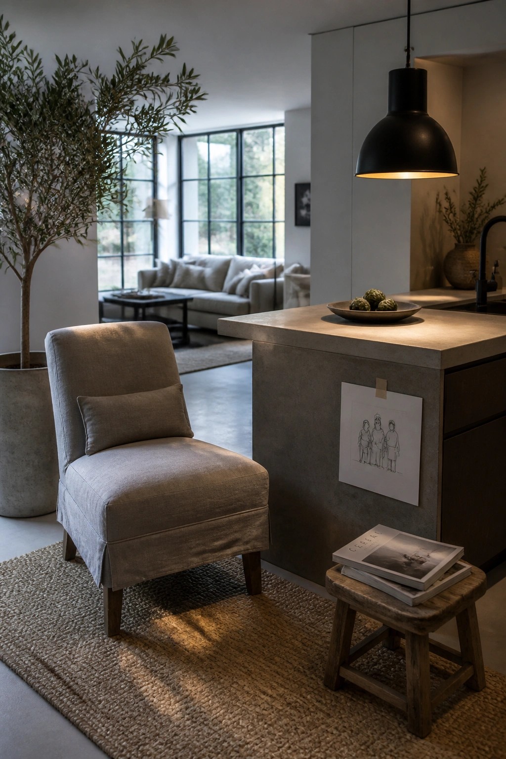 A beige upholstered accent chair sits on a woven rug next to a concrete kitchen island with a sketch pinned to the side.