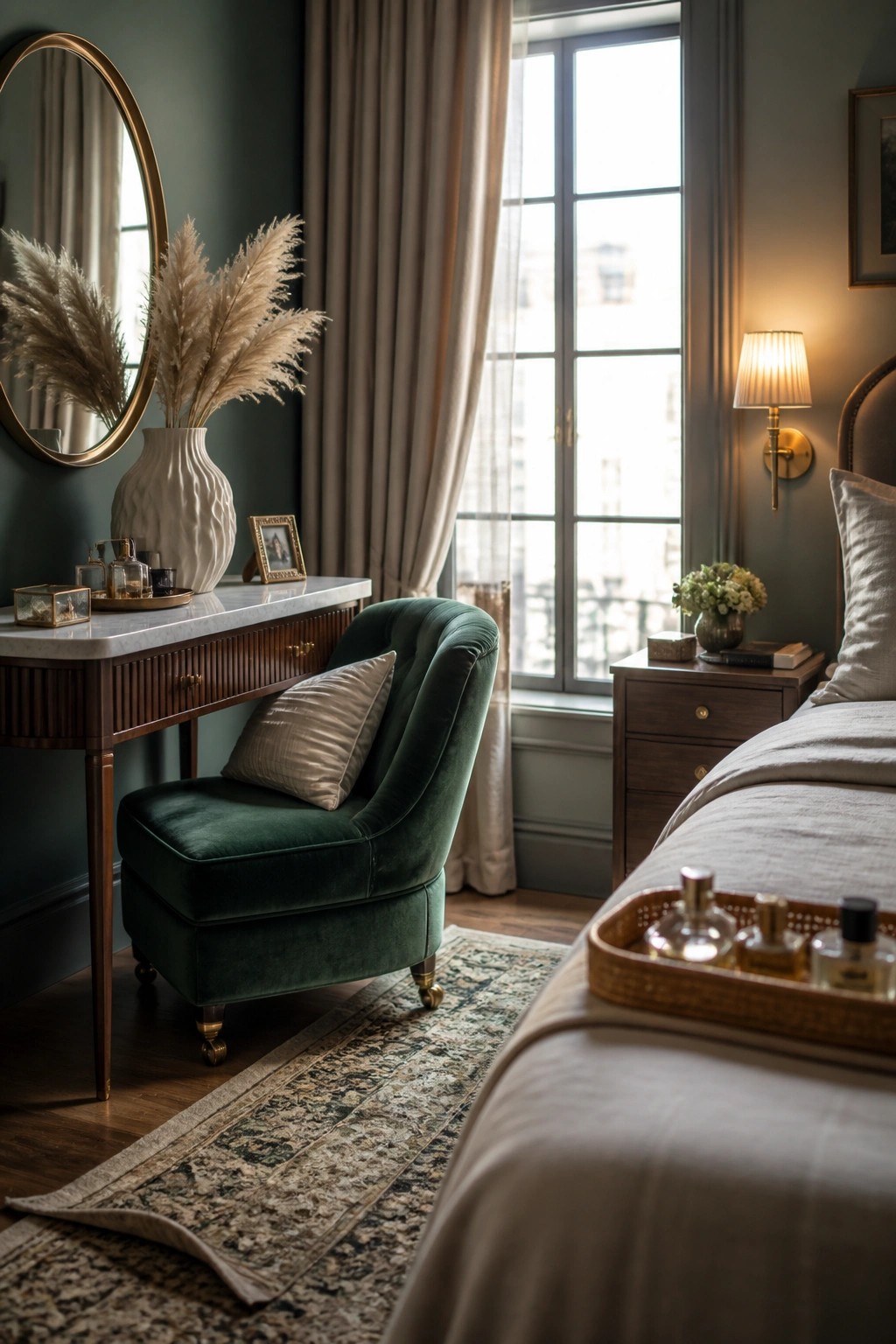 A bedroom scene showing a dark green velvet accent chair next to a wooden vanity with a marble top and round mirror.
