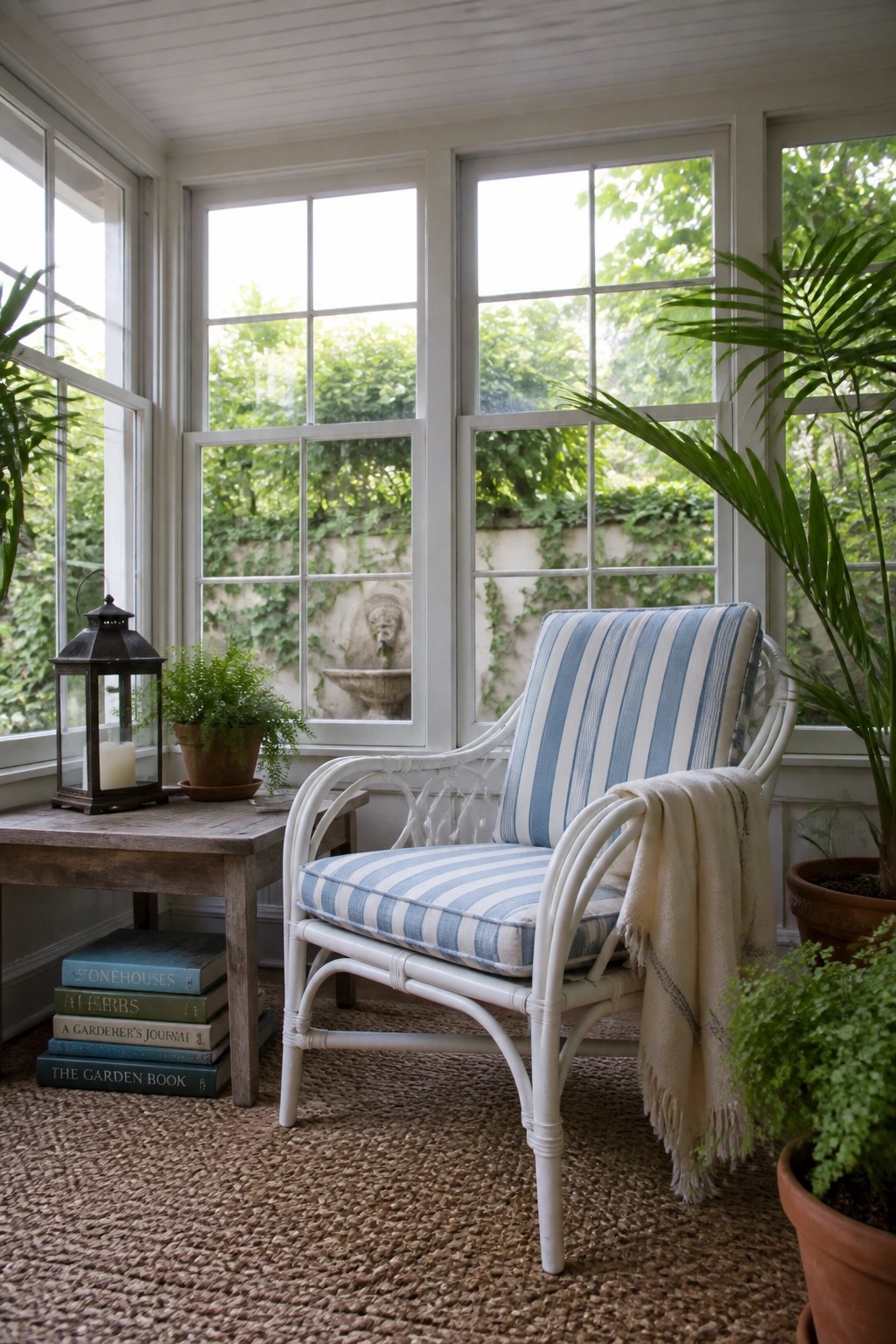 A white wicker chair with blue and white striped cushions sits on a woven rug in front of large windows, beside a wooden table holding books and a lantern.