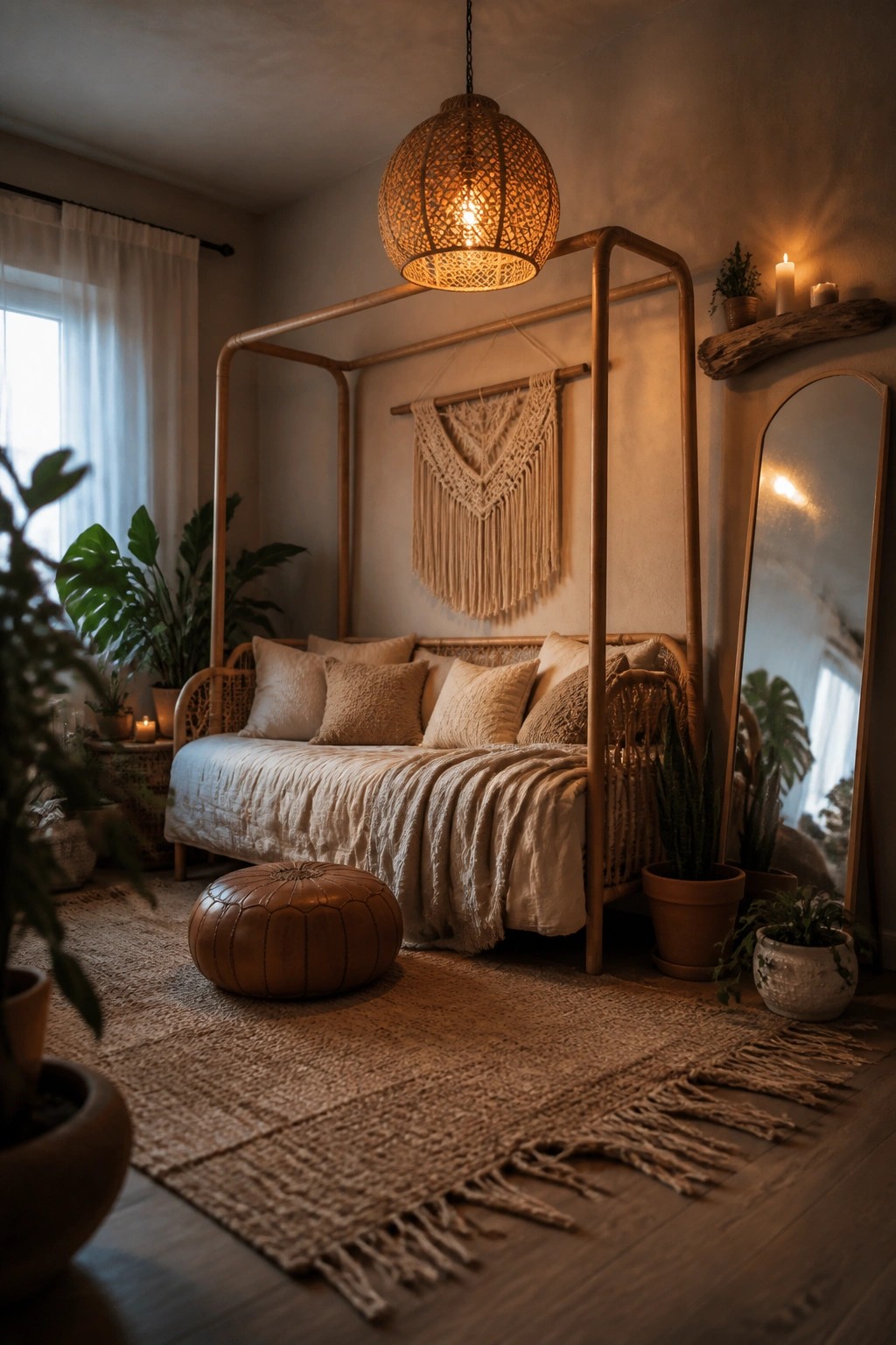 Cozy bohemian bedroom with bamboo canopy bed, macrame tapestry, woven lamp, and plants.