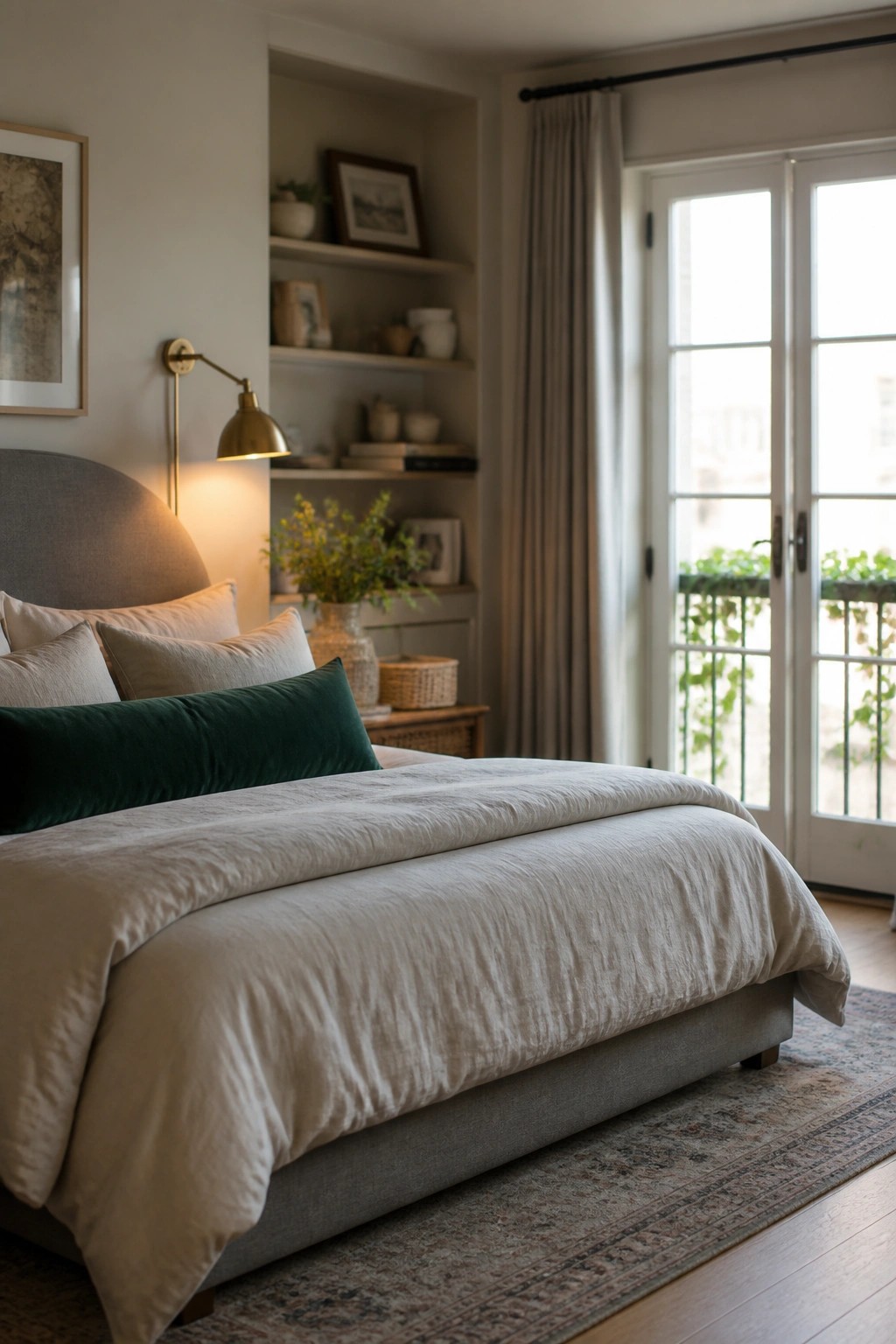 A bedroom with a large upholstered bed dressed in light linen bedding and a dark green velvet pillow, positioned beside built-in shelves holding books, vases, and framed items.