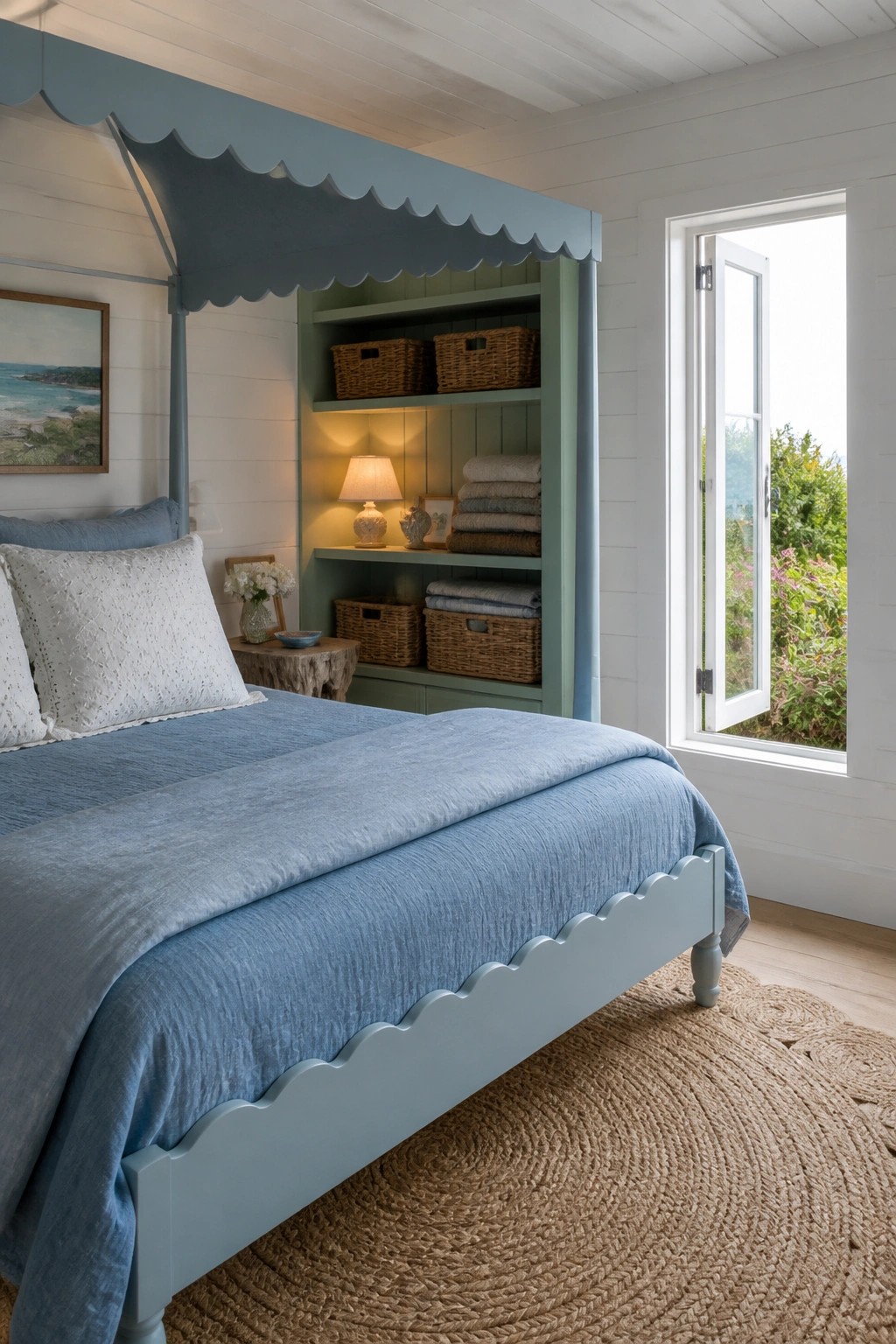 A bedroom featuring a light blue canopy bed with an integrated green built-in shelving unit holding woven baskets and stacked linens beside an open window.