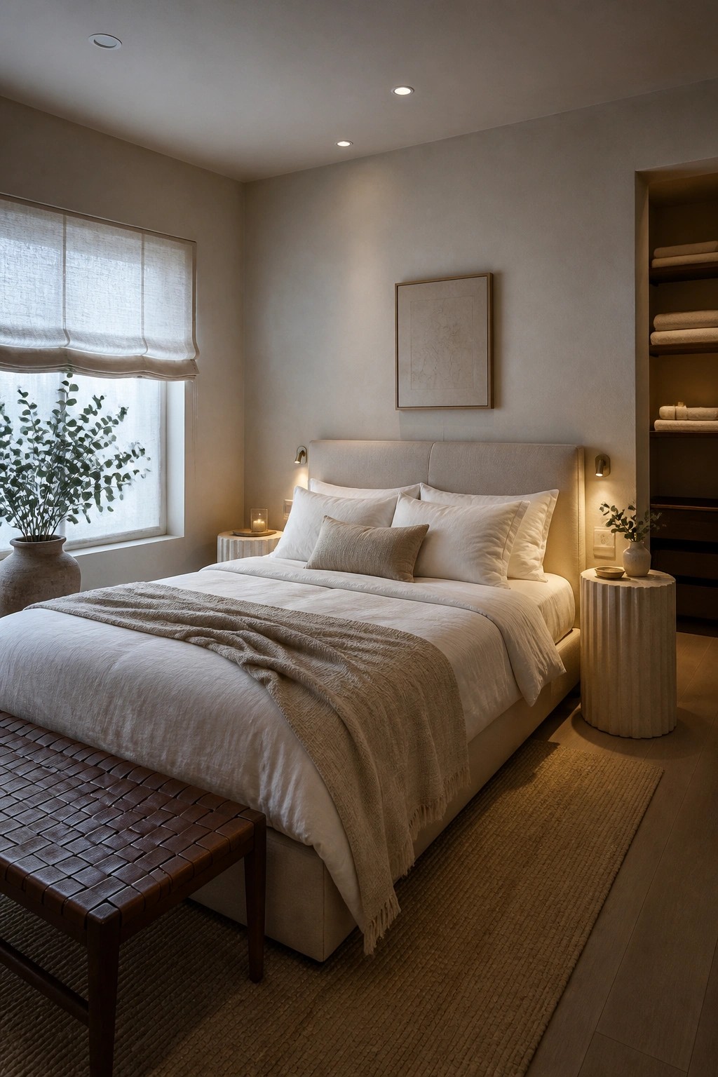 Minimalist neutral bedroom with upholstered bed, woven leather bench, and soft lighting