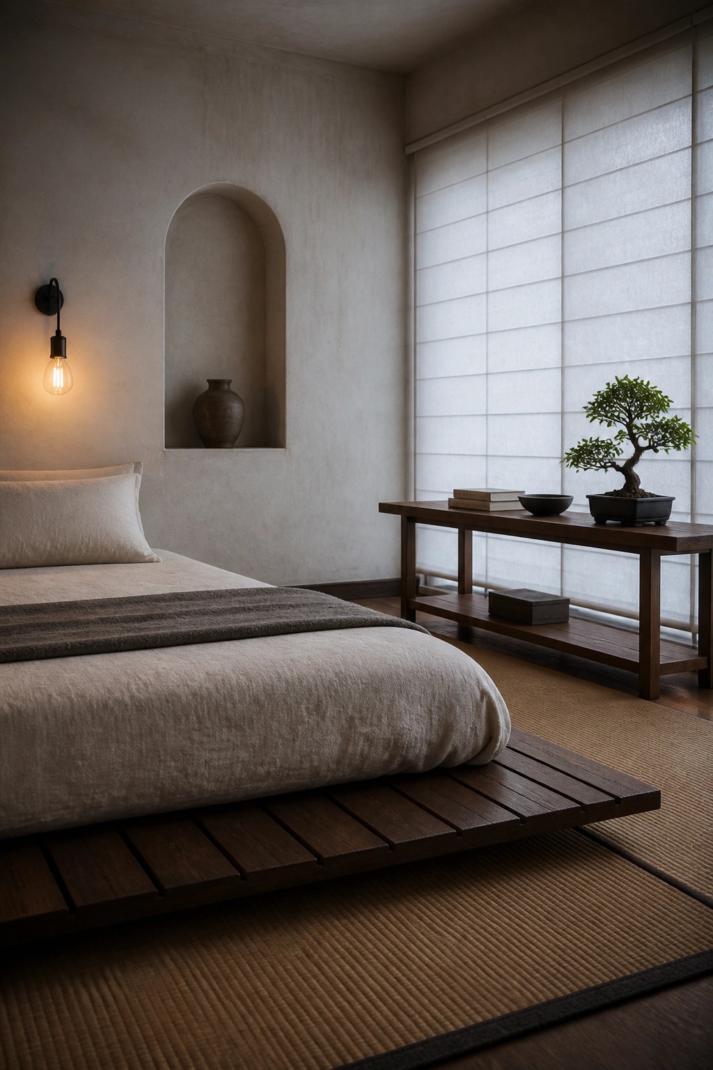 Minimalist zen bedroom with low wooden bed, bonsai tree, arched niche, and tatami mats.