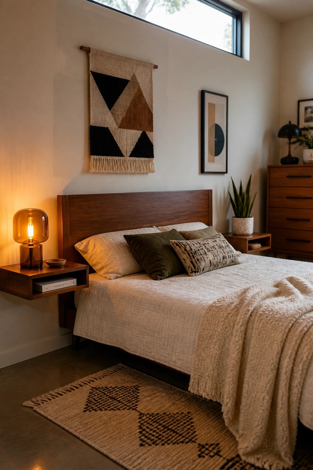 A calm bedroom featuring a wooden bed with neutral bedding, a glowing amber glass lamp on a floating nightstand, a large geometric woven wall hanging, and a patterned rug on the floor.