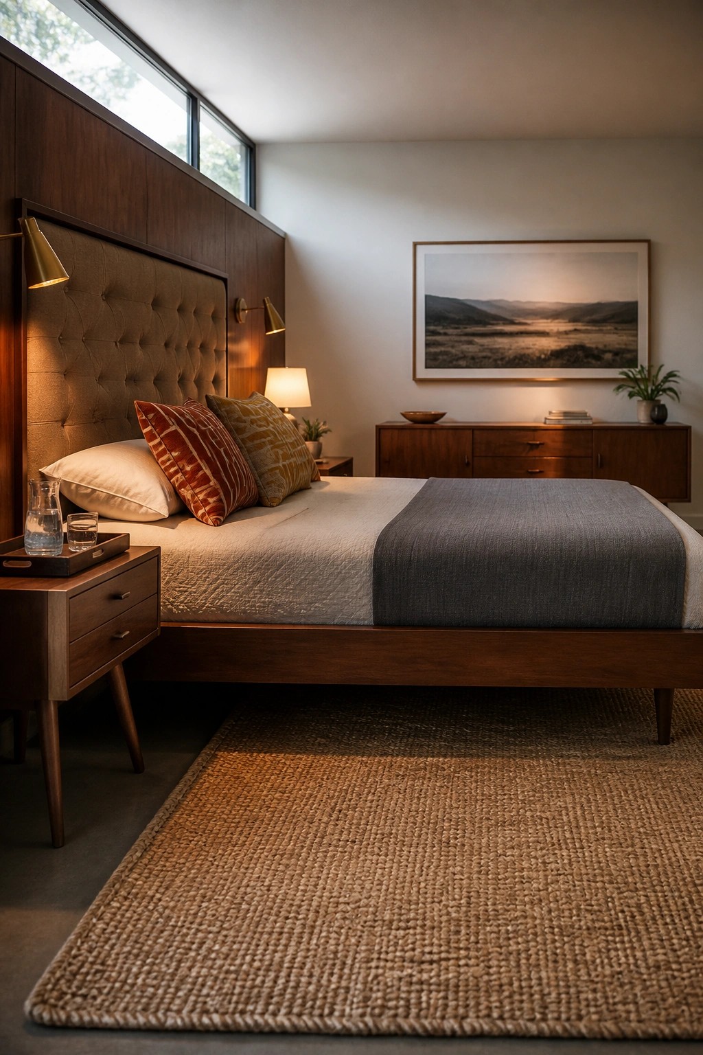 A bedroom featuring a bed with an upholstered headboard set against a tall dark wood paneled wall, with wall sconces and neutral bedding.