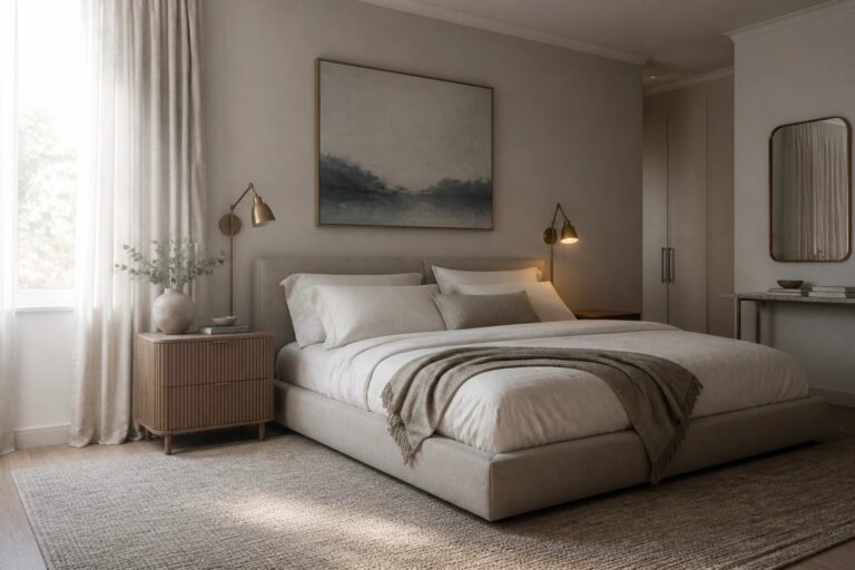 18 Polished Master Bedroom Ideas for a Clean Hotel-Inspired Finish Minimalist bedroom with beige bed linens, abstract painting, wooden nightstand, and rug.