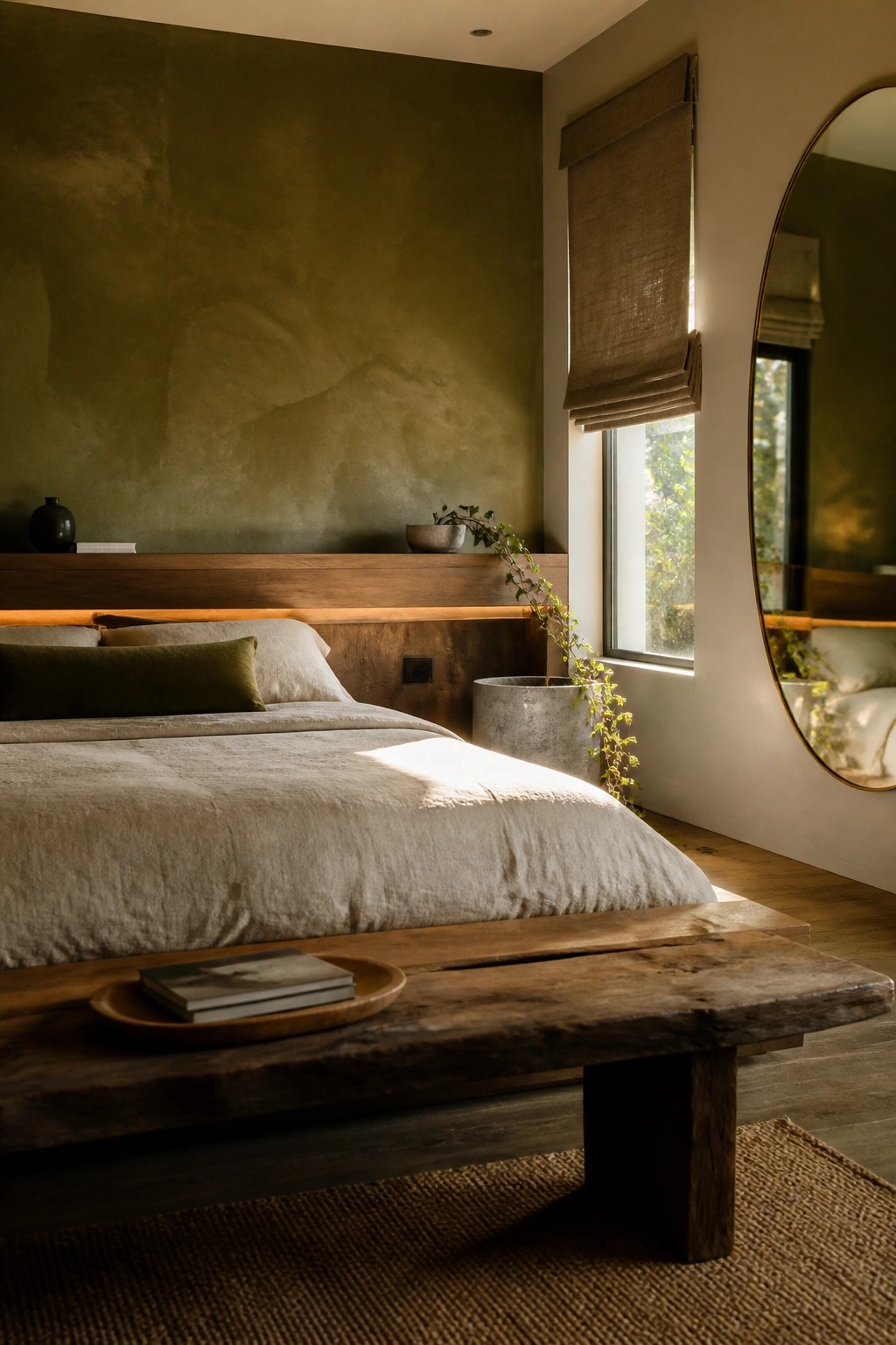 A master bedroom with a bed dressed in light linen against a textured olive-green wall, a long wooden headboard shelf with integrated lighting, and a large oval mirror on the adjacent wall.