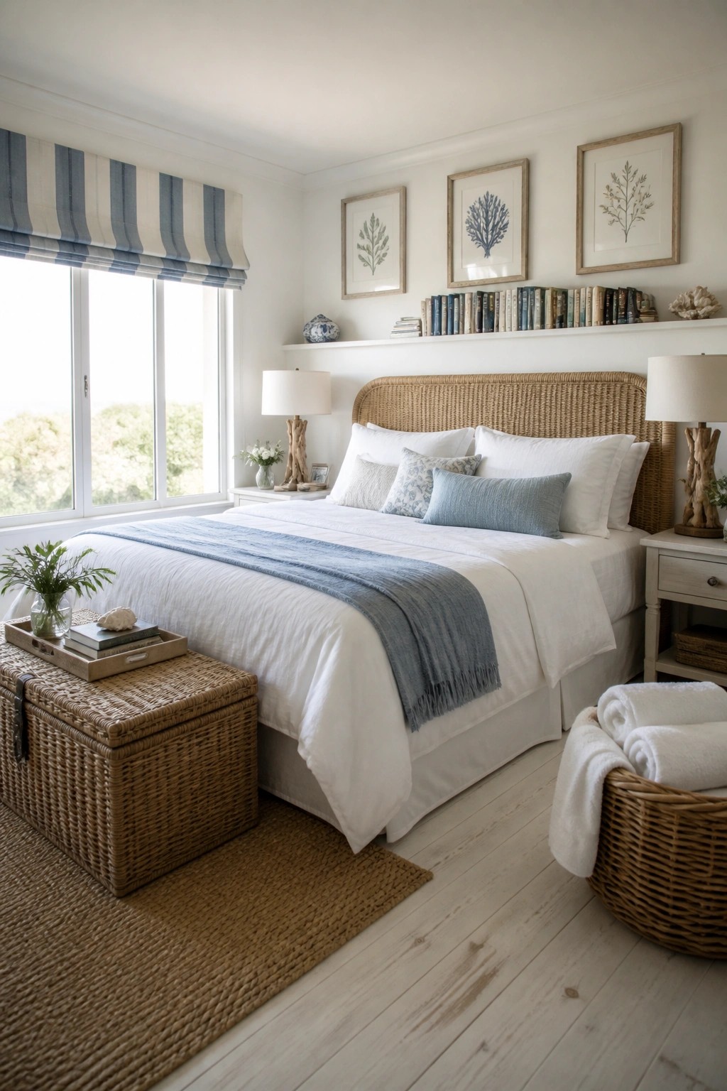 A bright master bedroom with a woven rattan headboard, white bedding with blue accents, framed botanical prints above the bed, and woven storage pieces including a trunk and basket.