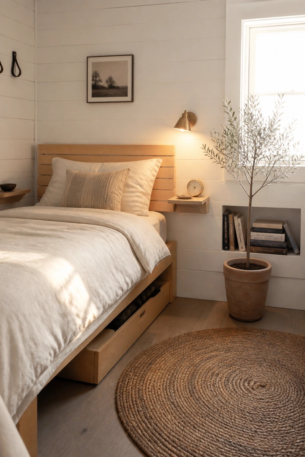Minimalist bedroom with wooden bed, white linens, woven rug, and potted olive tree.