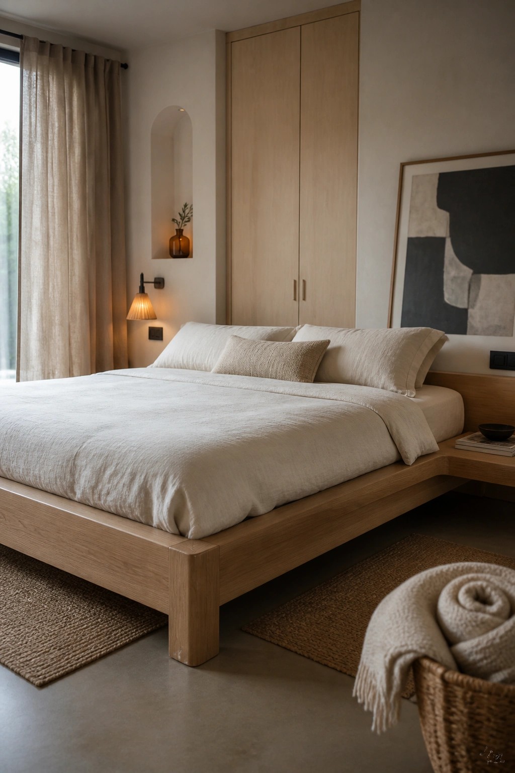 A minimalist bedroom with a low light wood platform bed dressed in white linens, a tall built-in wardrobe, and neutral rugs on a concrete floor.