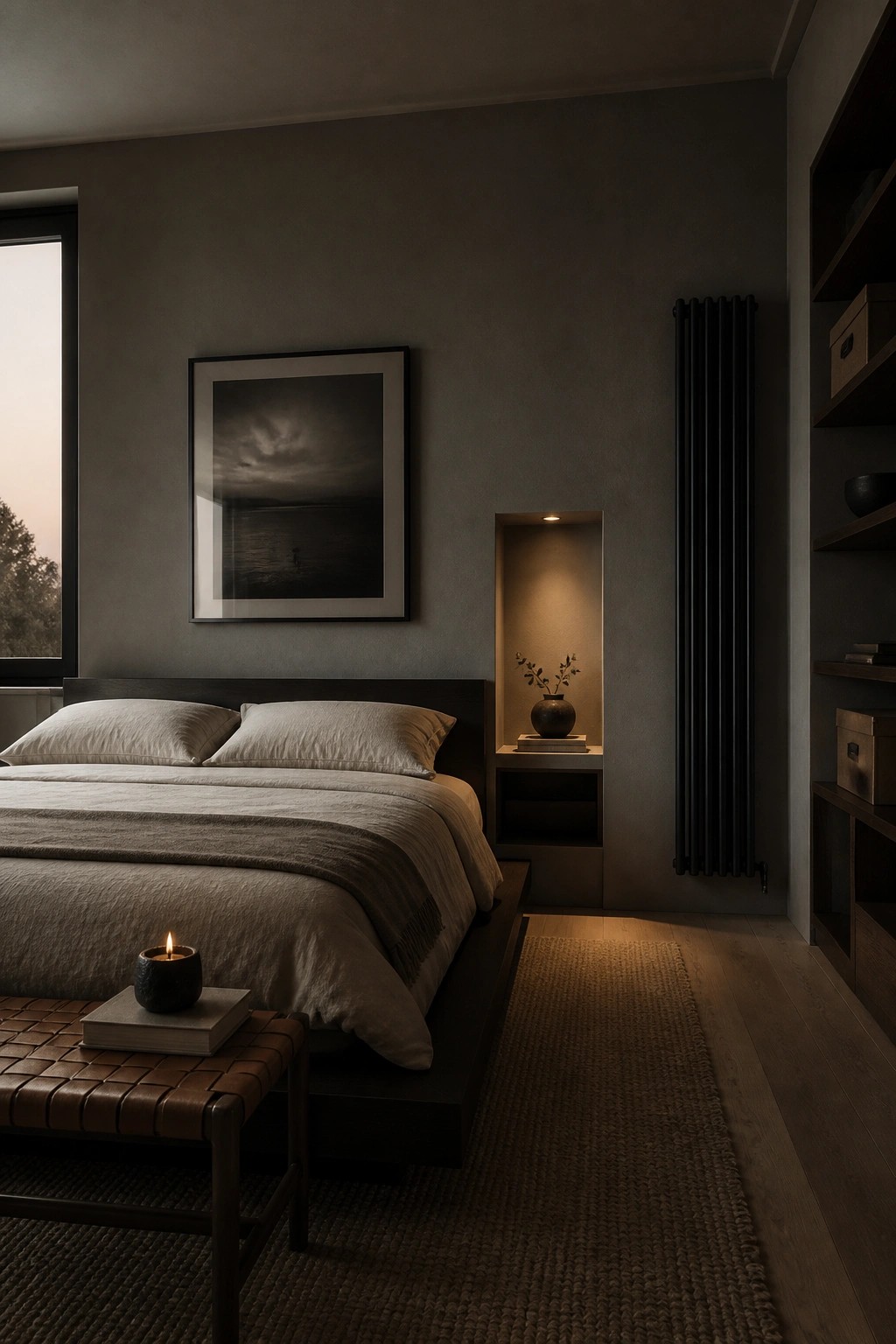 A minimalist bedroom with a low bed against a plain wall and a recessed niche beside it holding a small vase with branches.
