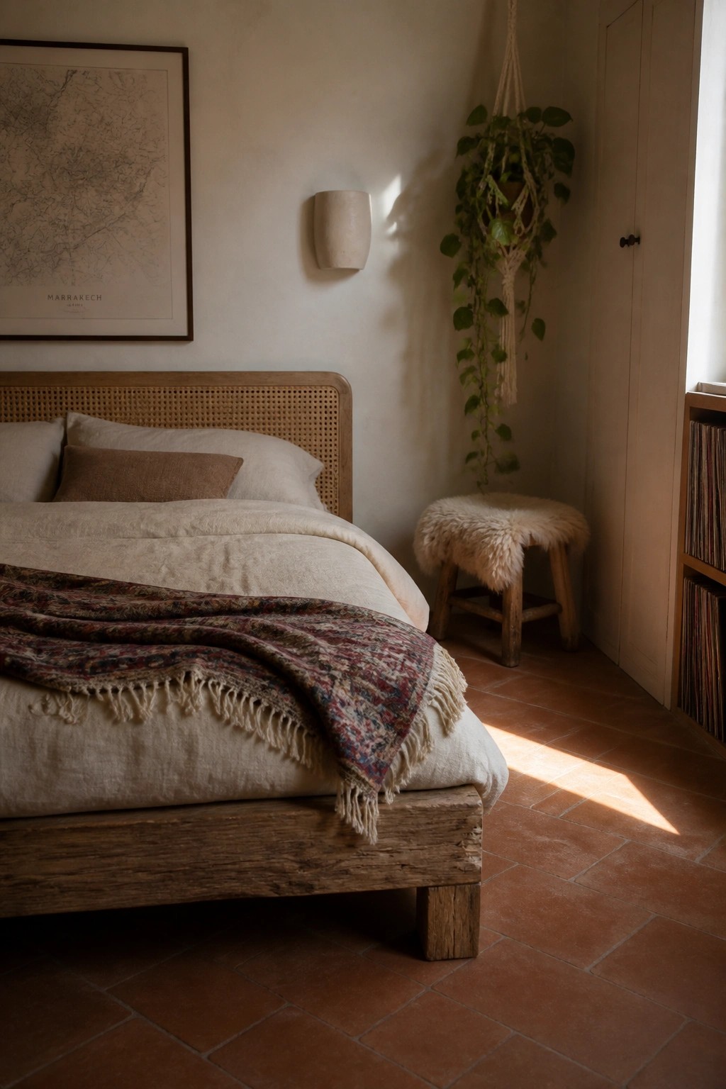 A minimalist bedroom with a wooden bed frame, neutral linens, a hanging plant, a fur-covered stool, and a framed map on the wall.
