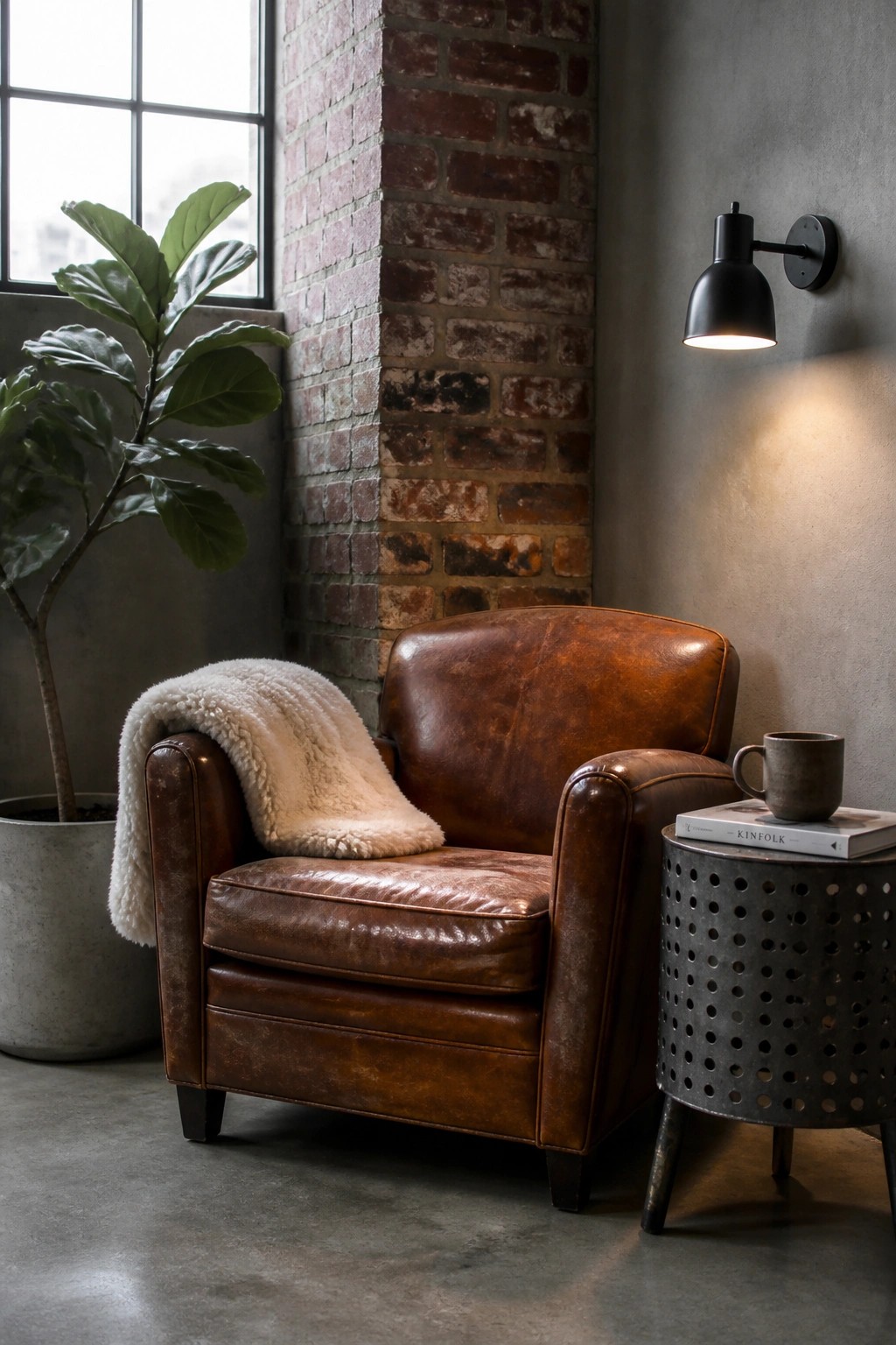 A brown leather armchair with a white throw blanket sits beside a perforated metal side table holding a mug and book, with a potted plant and brick wall in the background.