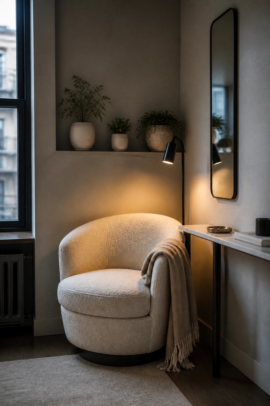A rounded off-white bouclé armchair with a draped beige throw sits in a corner beside a narrow console table, black floor lamp, and recessed wall shelf with potted plants.