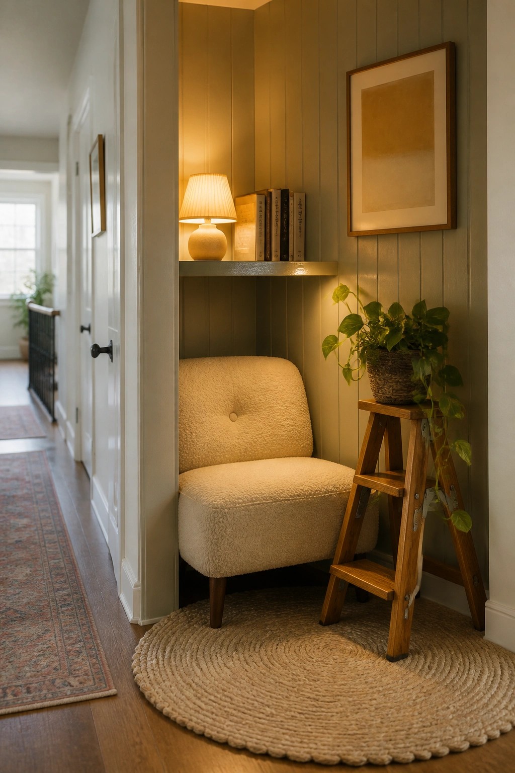 A small upholstered chair sits inside a recessed wall alcove beneath a narrow shelf holding a lamp and books, with a round rug on the floor and a plant on a nearby wooden step stool.