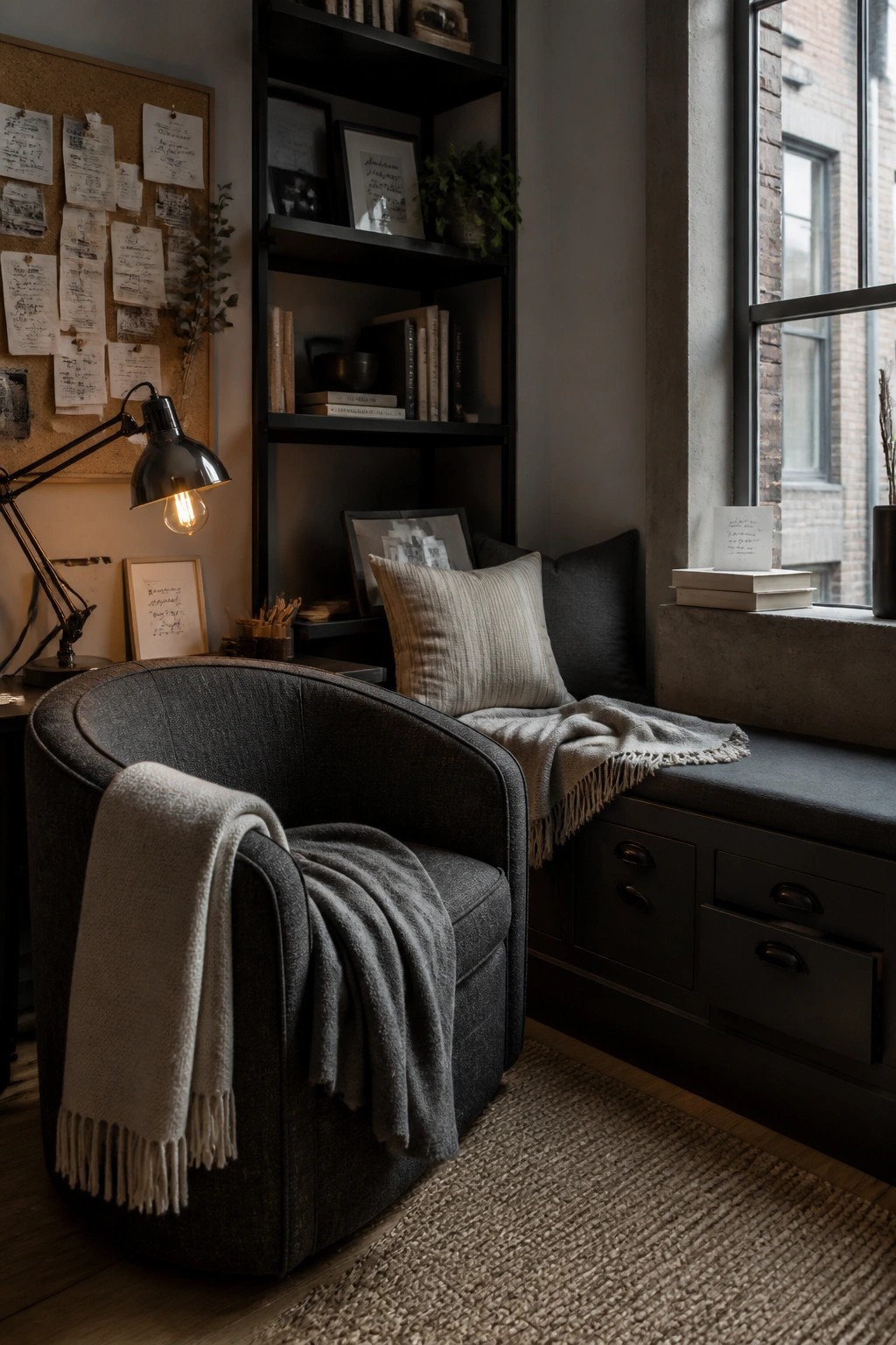 Cozy nook with dark gray armchair, black bookshelf, corkboard, and window bench.