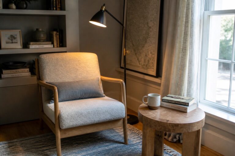 19 Comfy Reading Chair Designs for Quiet Corners and Slow Evenings A gray upholstered armchair with wooden arms sits on a striped rug beside a black floor lamp and a round wooden side table holding books and a mug.