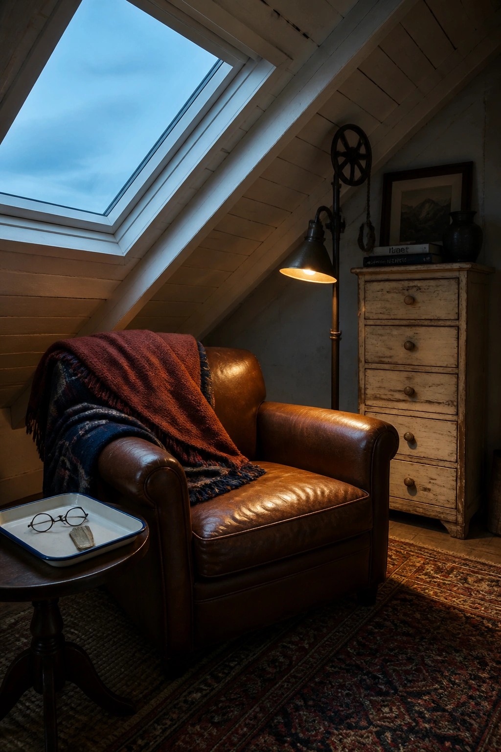 A brown leather armchair with a red and blue throw blanket sits under a skylight beside a black floor lamp in an attic room.