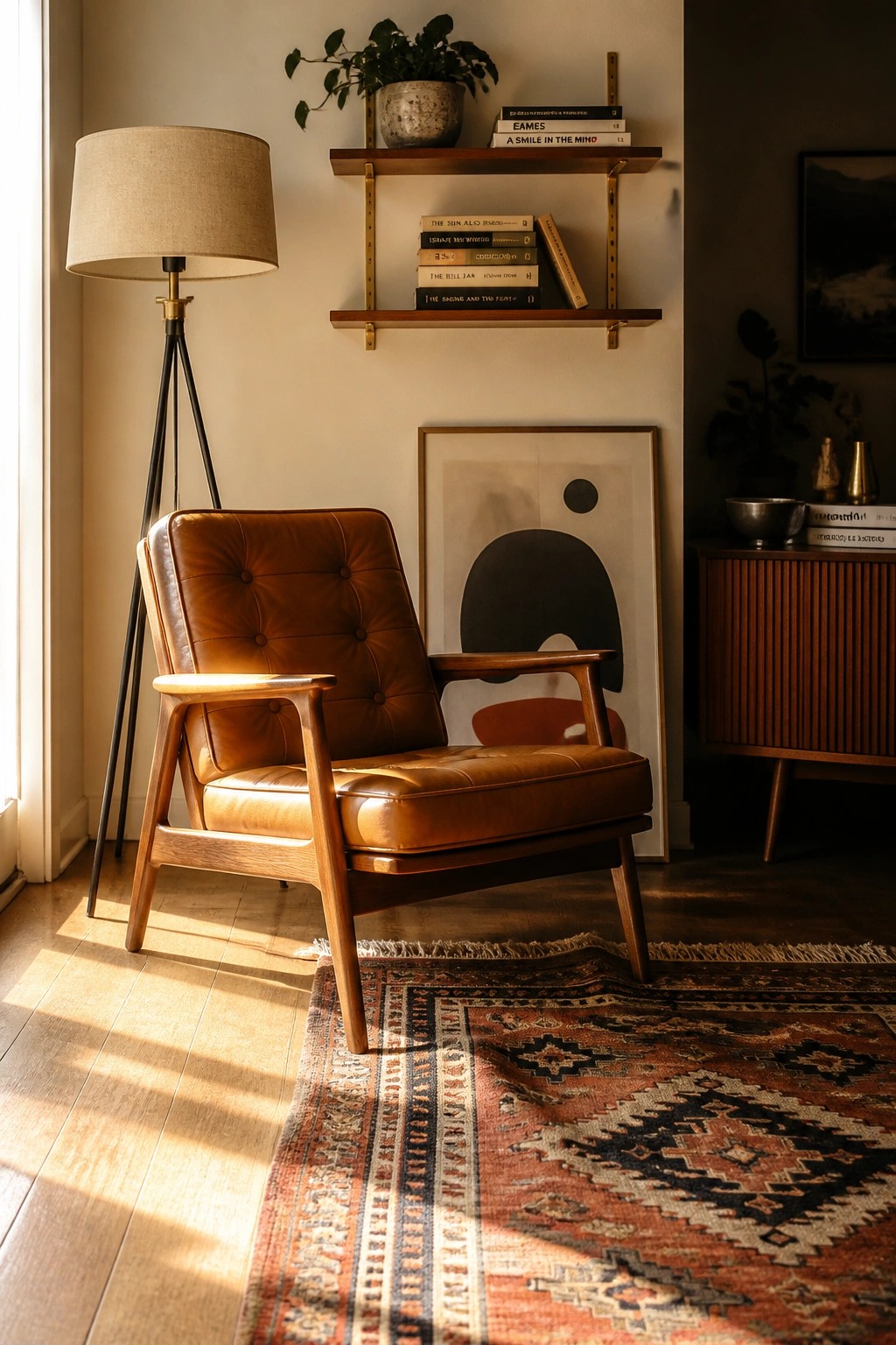 A brown leather armchair with a wooden frame rests on a patterned rug beside a tripod floor lamp, with wall shelves and framed art visible in the background.