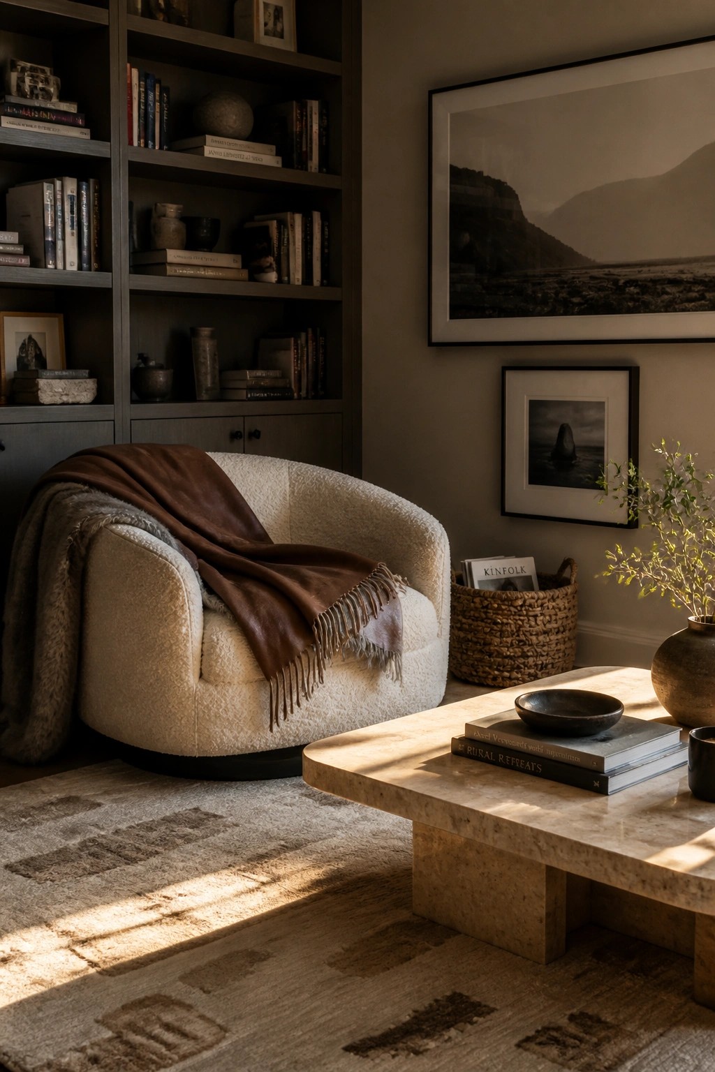A textured armchair with a brown throw blanket sits in front of built-in bookshelves filled with books and objects, next to a stone coffee table on a patterned rug.