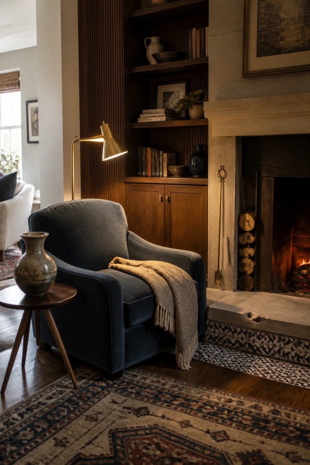 Blue velvet armchair with throw beside glowing fireplace and bookshelves