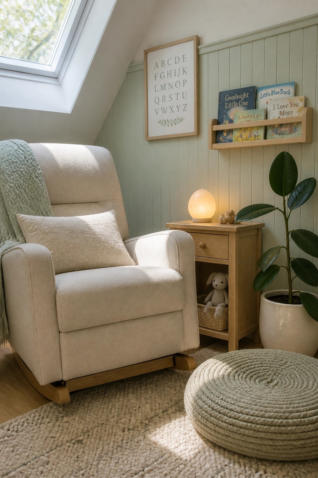 A beige rocking chair with a pillow and blanket sits beside a wooden side table holding a glowing lamp, books, and a small plant in a light green room with a skylight.