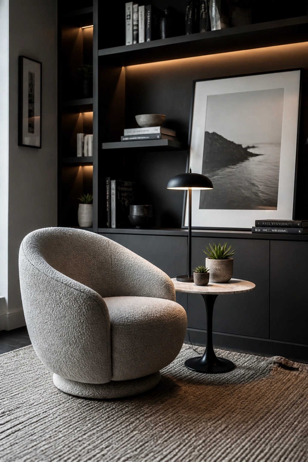A beige textured swivel armchair on a woven rug next to a round marble side table holding a black lamp and two small potted plants, positioned in front of dark built-in shelving with books and framed art.