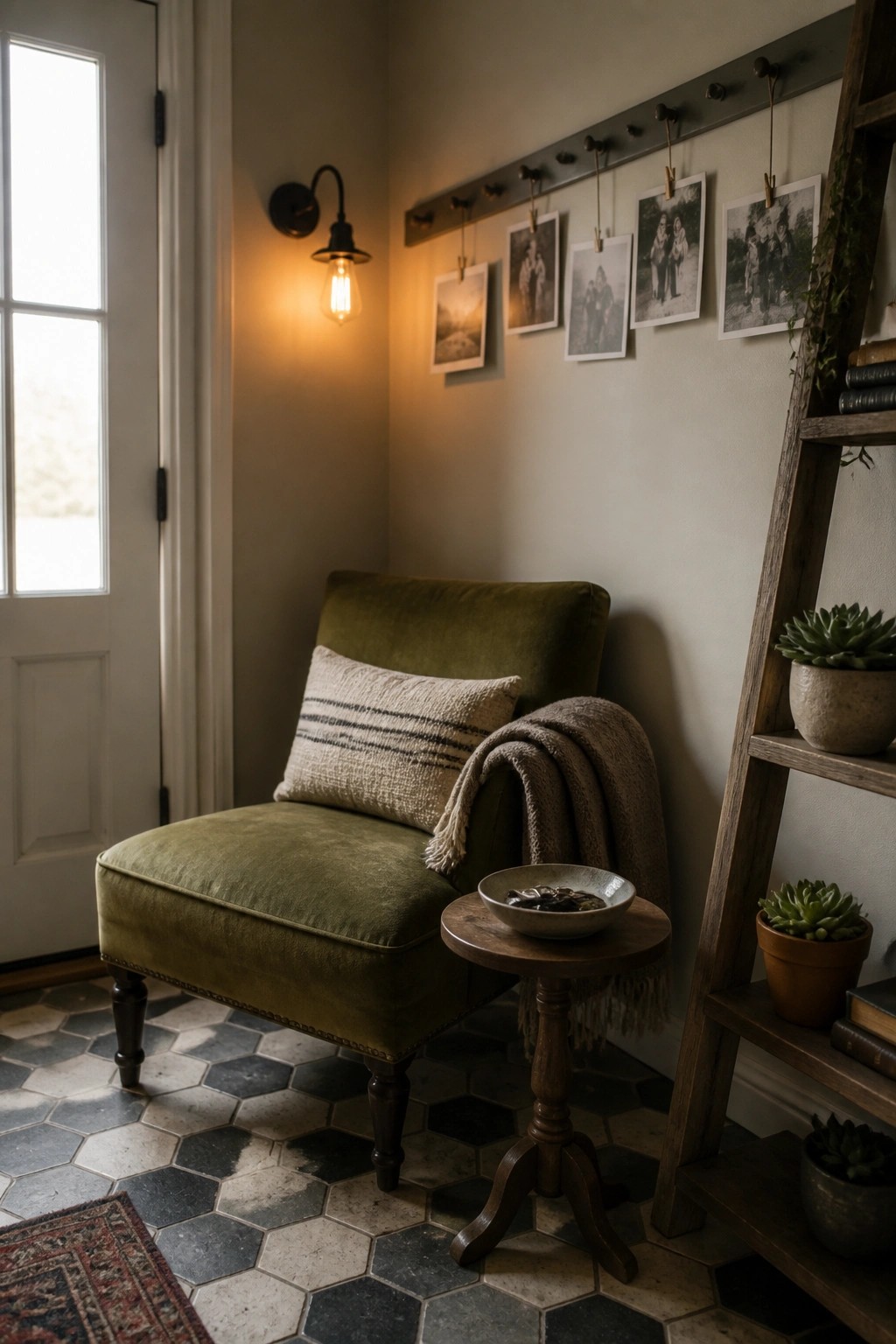 A green velvet armchair with a striped pillow and brown throw sits in a corner next to a small wooden side table, with several black and white photos clipped to a wall rail above it.