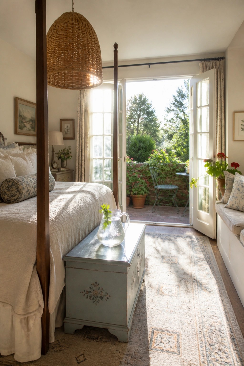 A bedroom interior with a four-poster bed, open French doors leading to a garden patio, a blue painted chest at the foot of the bed, and a large woven pendant light overhead.