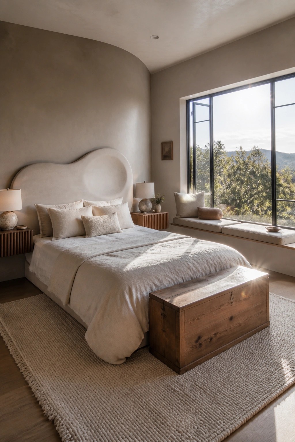 A bedroom featuring a large curved upholstered headboard in light beige against a textured wall, with cream bedding, wooden furniture, and a large window with a built-in seat.
