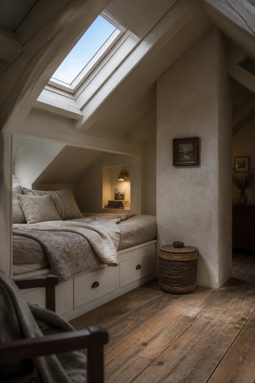 An attic bedroom features a built-in bed with white drawers beneath a skylight, dressed in cream and taupe linens with wood flooring visible in the foreground.
